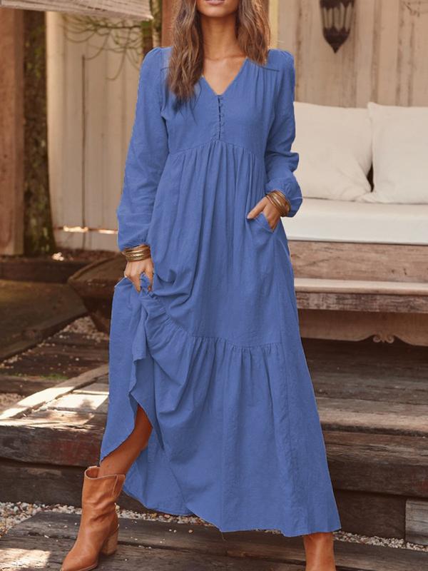 Women's Long Sleeve V-Neck Button Tiered Maxi Dress Pockets