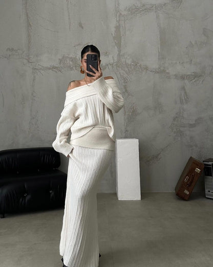 Off Shoulder Knit Sweater & Maxi Skirt Two Piece Set