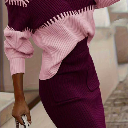 Women's Striped Sweater & Skirt Two Piece Knit Set