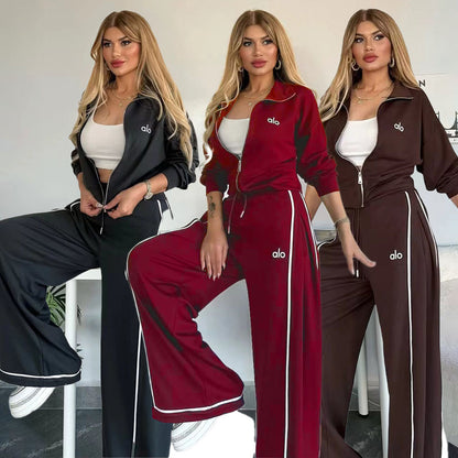 Women's 2 Piece Tracksuit Embroidered Wide Leg Pants Set