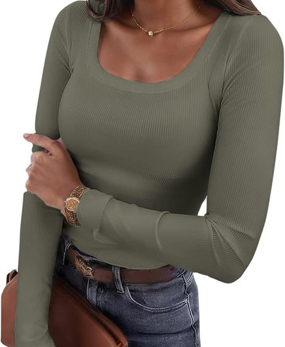 Women's Ribbed Fitted Long Sleeve Scoop Neck Stretch Top