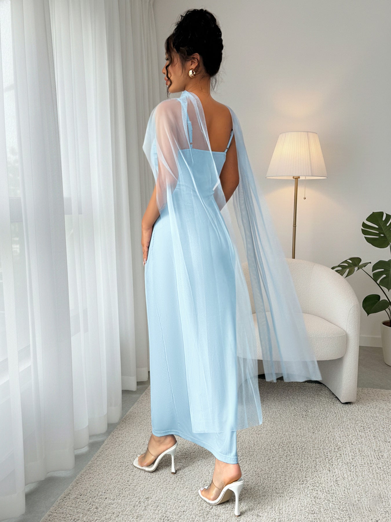 Blue Bodycon Maxi Dress with Sheer Scarf Elegant Party