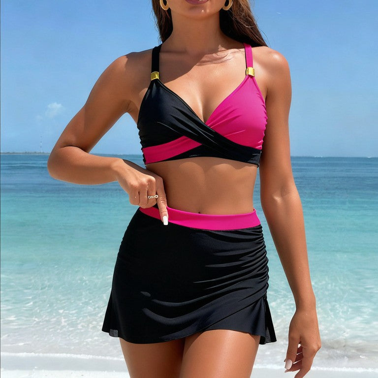 Color Block Bikini Set with Skirt Sporty Swimwear
