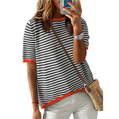Red Stripe Contrast Trim Short Sleeve Knit Tee