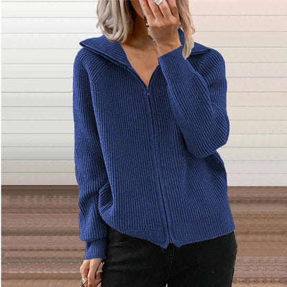 Oversized Ribbed Zip Up Collared Cardigan