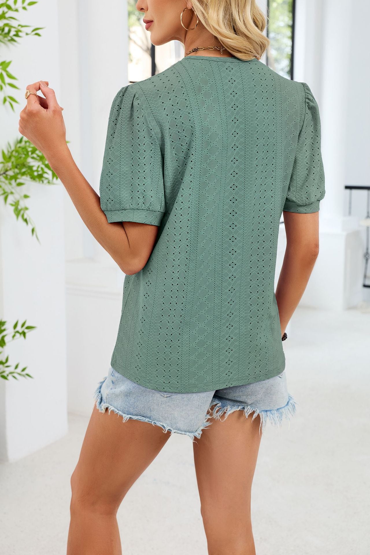 V Neck Lace Trim Puff Sleeve Blouse Casual Summer Top