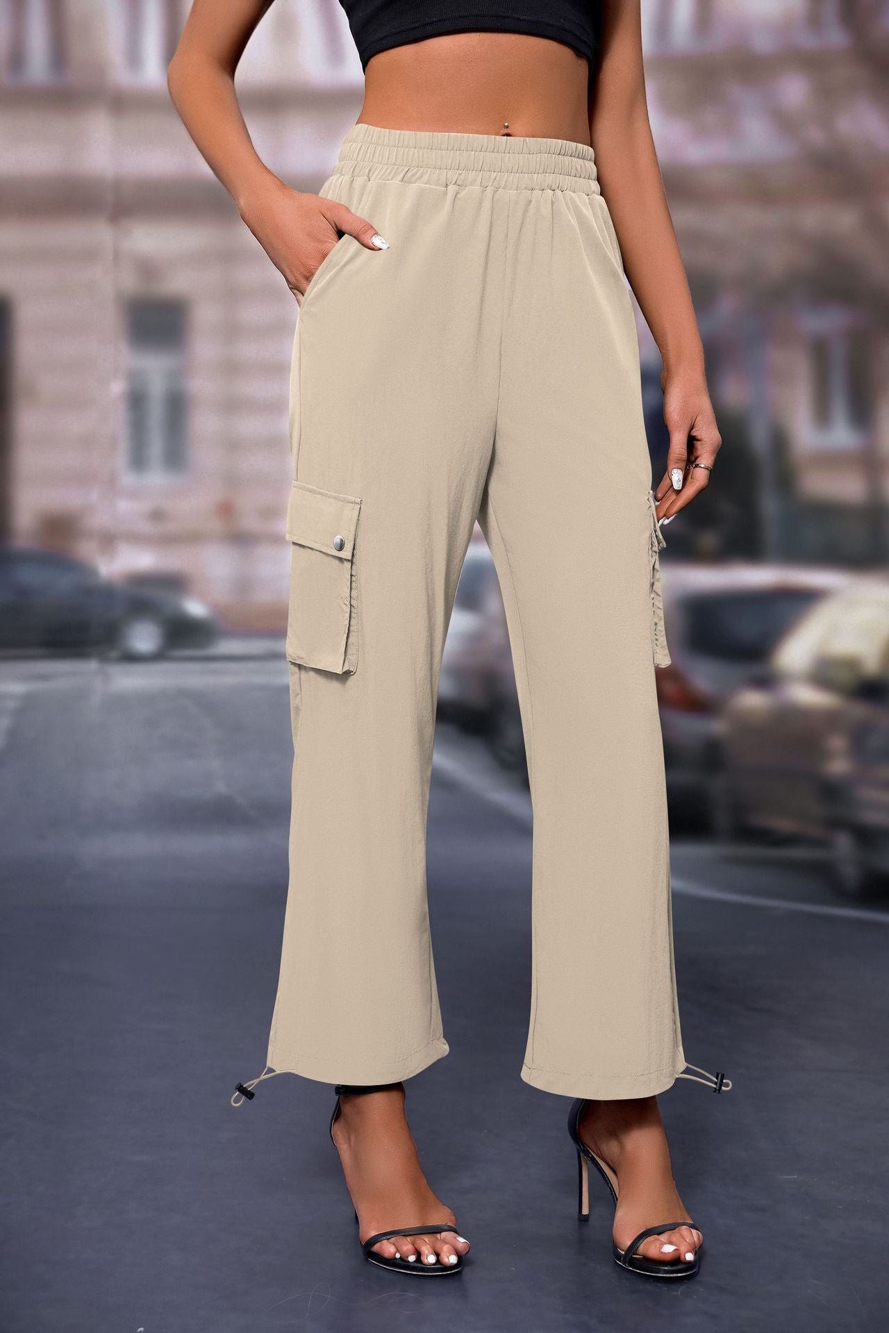Women's High-Waisted Drawstring Cargo Pants, Baggy Parachute Utility Trousers