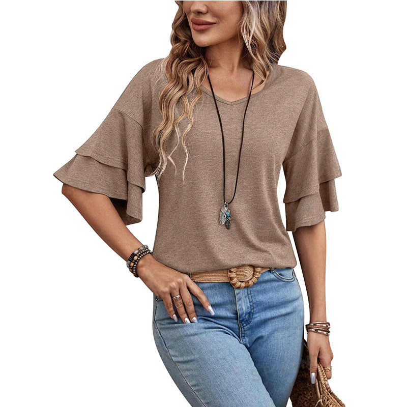 Customizable  Women's V-Neck Flutter Sleeve Top – Casual Summer T-Shirt
