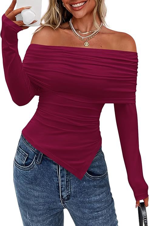 Off Shoulder Long Sleeve Asymmetric Hem Slim Fit Top