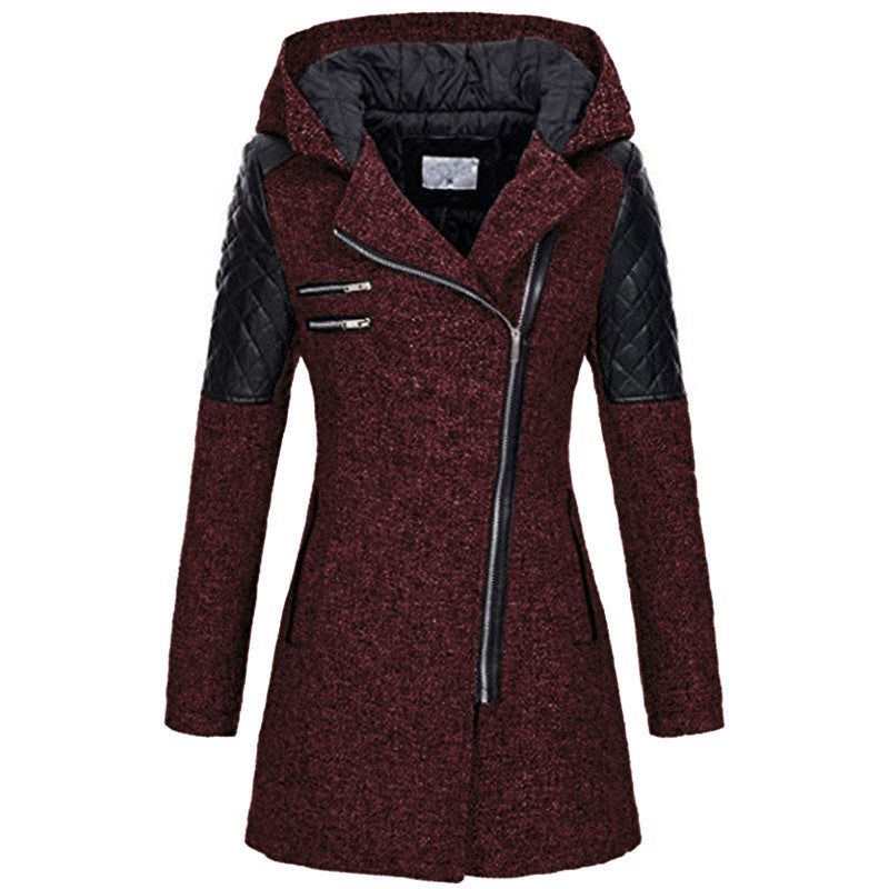 Women Hooded Faux Leather Quilted Asymmetrical Zip Coat
