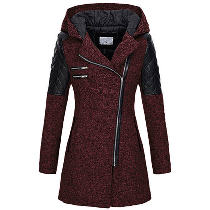 Women Hooded Faux Leather Quilted Asymmetrical Zip Coat