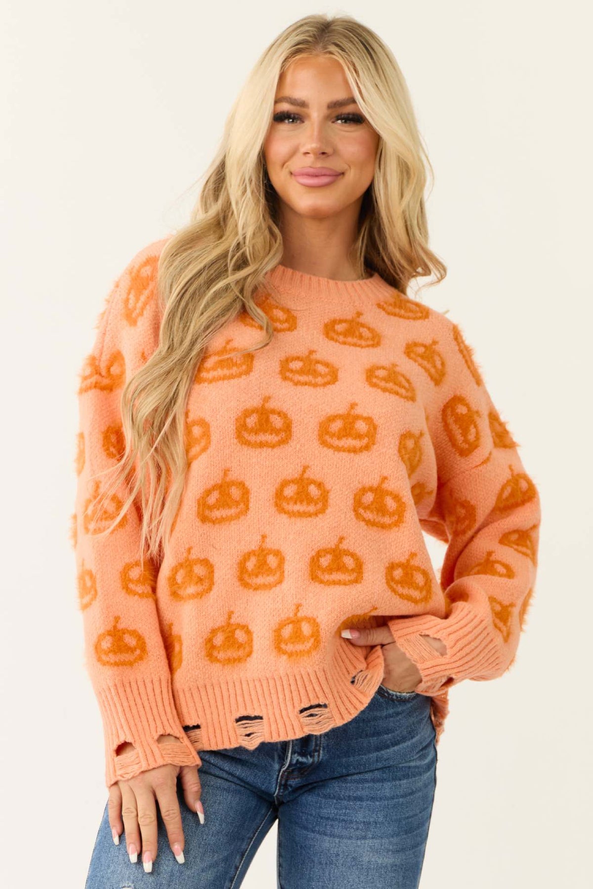 Women's Oversized Pumpkin Halloween Distressed Sweater