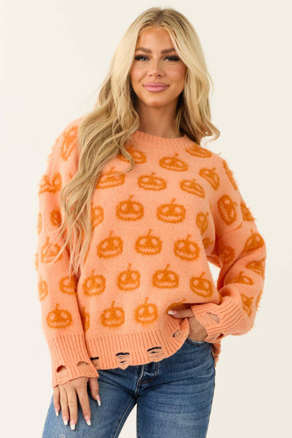Women's Oversized Pumpkin Halloween Distressed Sweater