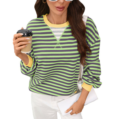 Women's Oversized Striped Contrast Crewneck Sweatshirt