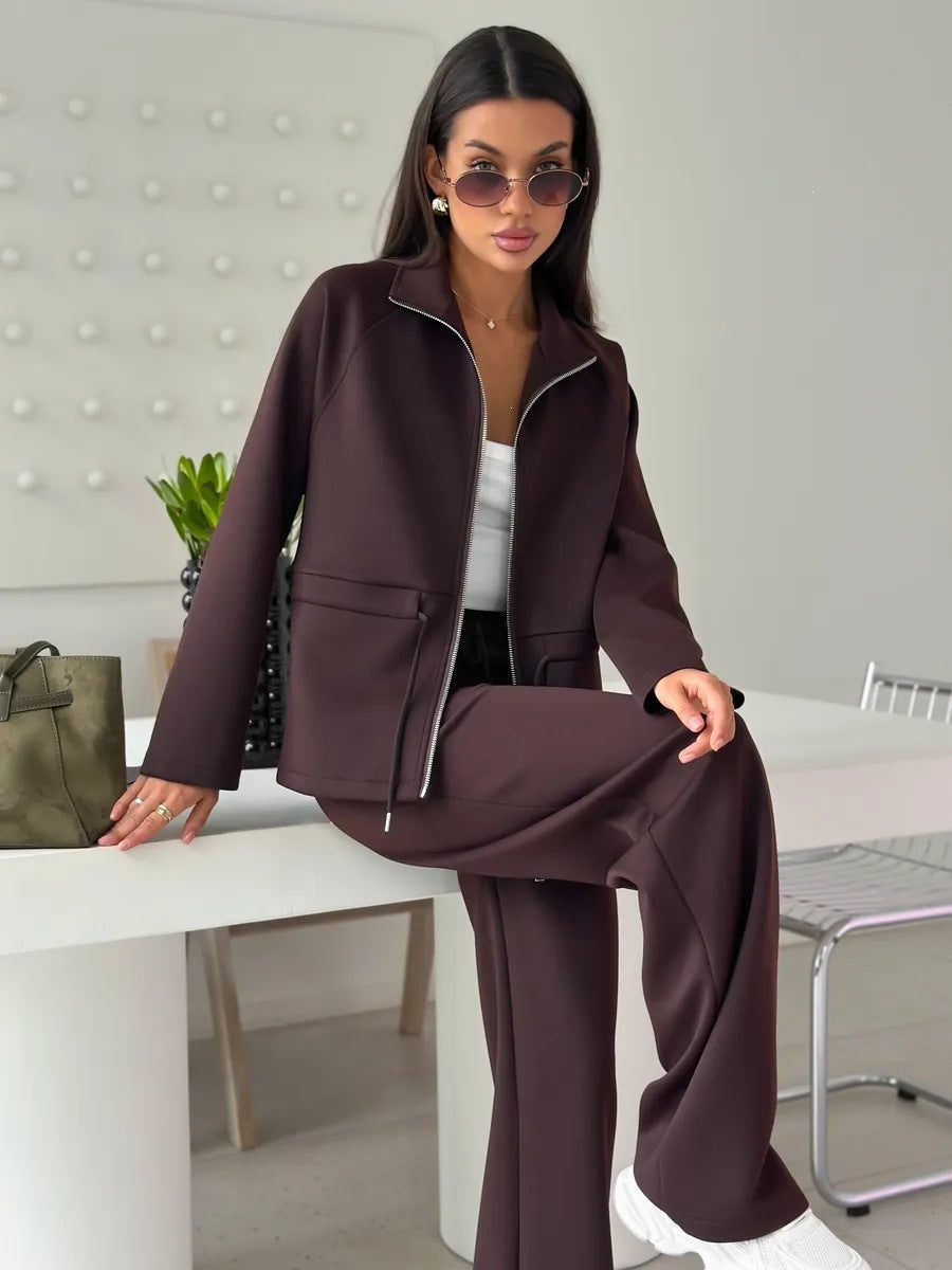 Women's Zip Up Drawstring Jacket Wide Leg Pants Set