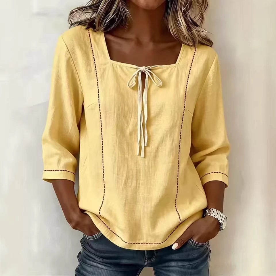 Women's Square Neck Tie Front Linen Blend Blouse 3/4 Sleeve