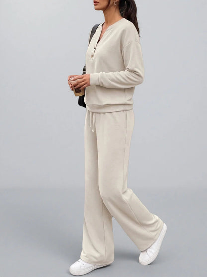 Women's 2 Piece Lounge Set Henley Wide Leg Pants