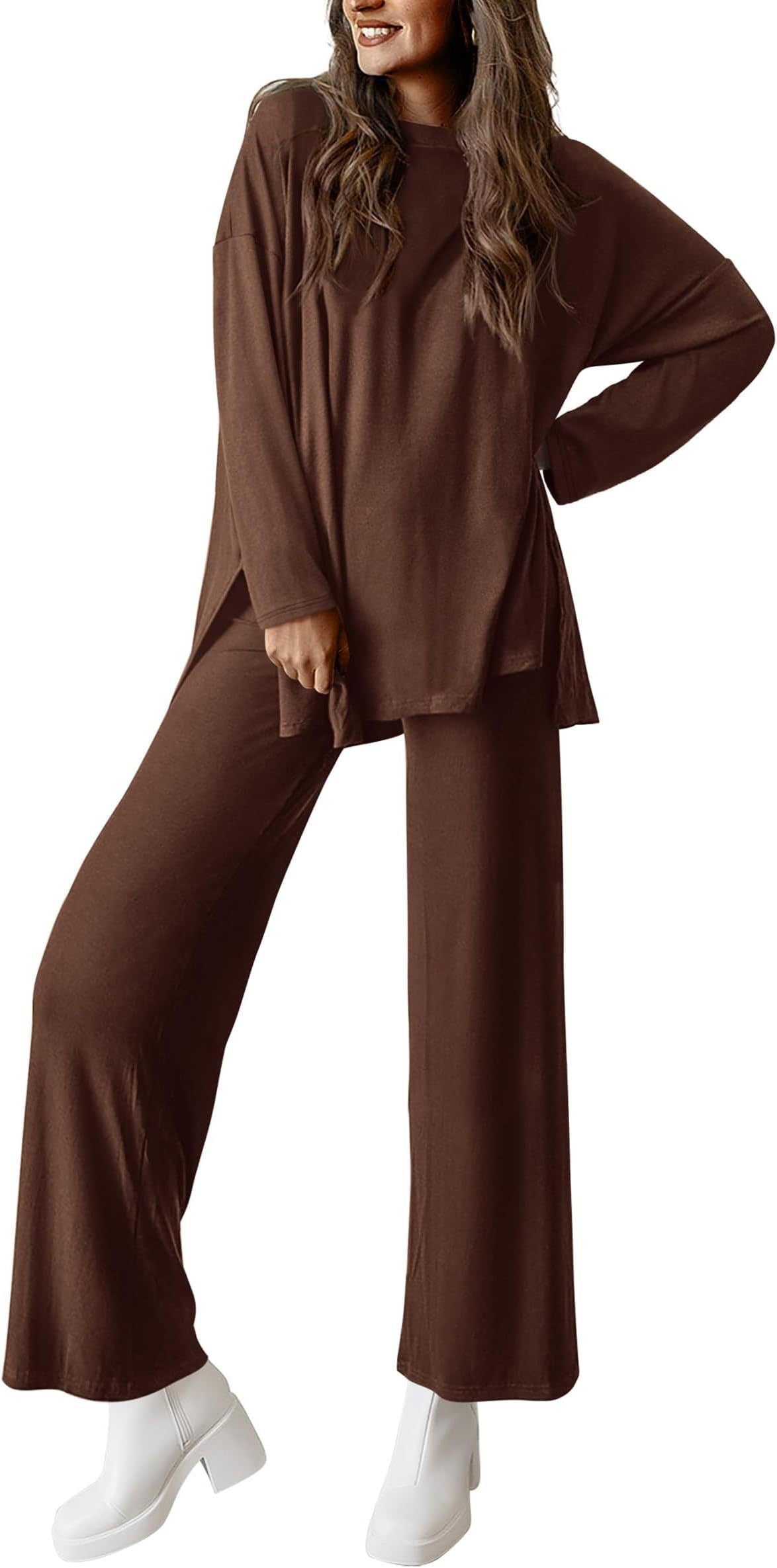 Women's Two Piece Lounge Set Long Sleeve Wide Leg Pants
