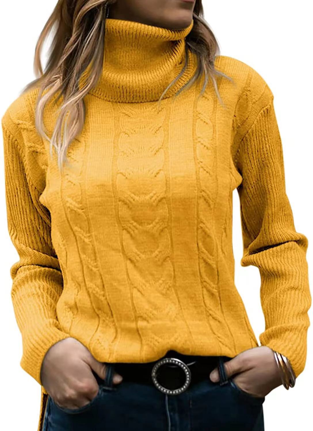Women's Cable Knit Turtleneck Sweater Slim Fit Pullover