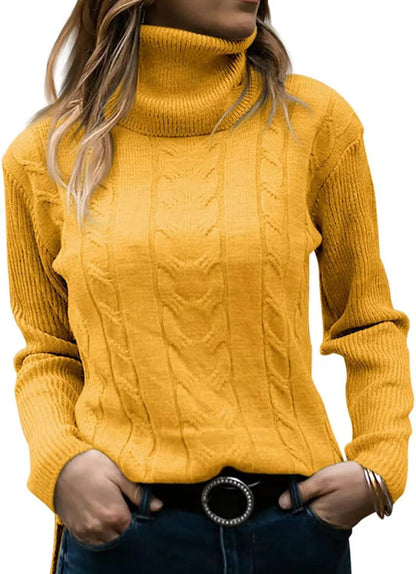 Women's Cable Knit Turtleneck Sweater Slim Fit Pullover