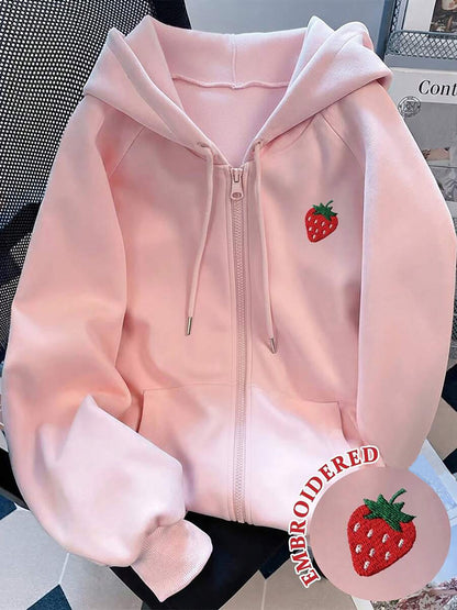 Oversized Strawberry Embroidered Zip Up Hoodie Fleece Lined