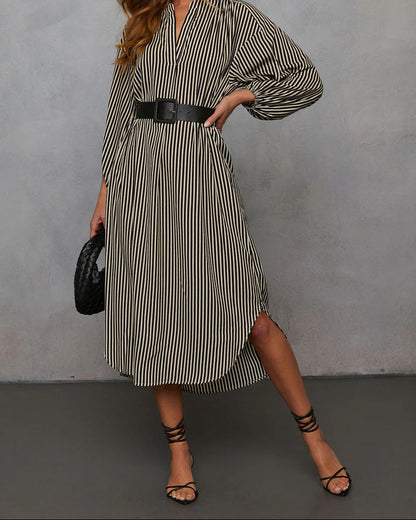 Women's Striped V-Neck Shirt Dress Belted Midi
