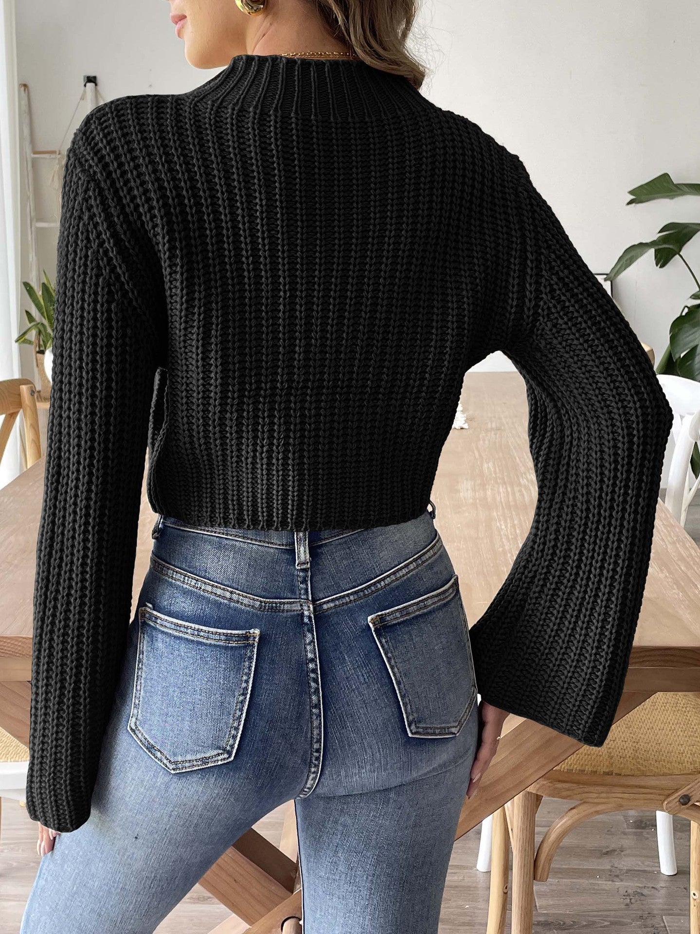 Women's Short Outcrop Top Flared Sleeve Semi-Turtleneck Sweater