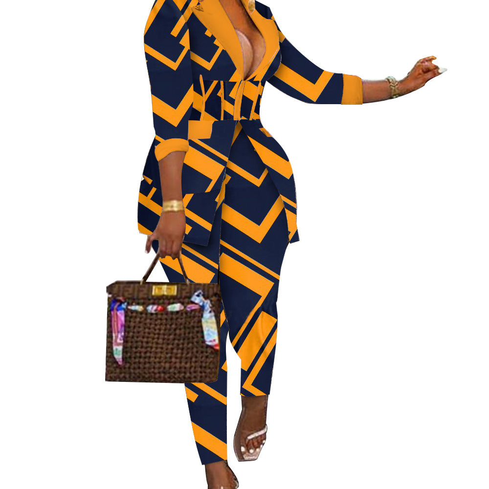 Women's Shawl Collar Printed Blazer Pants 2 Piece Set