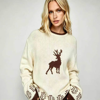 Women's Oversized Reindeer Christmas Crewneck Sweater