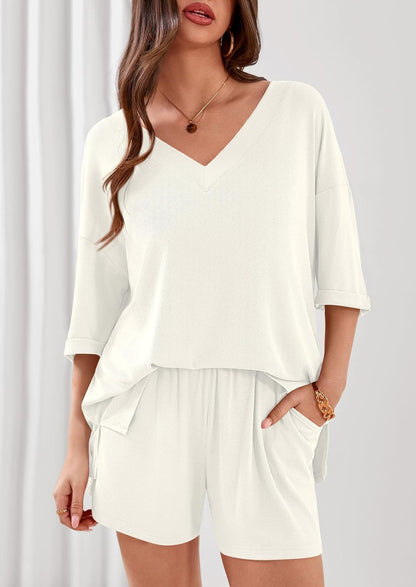 Ribbed V Neck Lounge Set Oversized Top Shorts Set