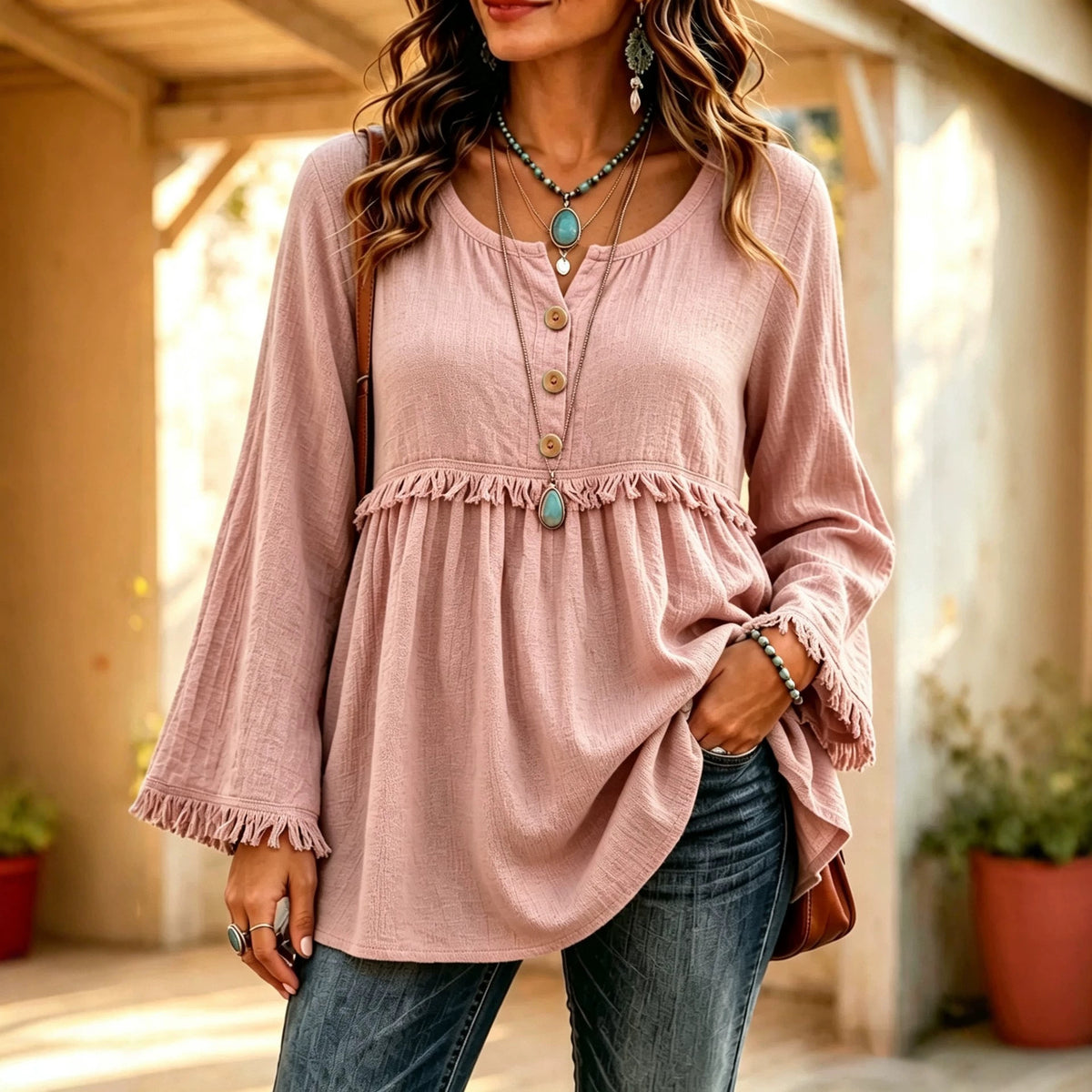 Boho Fringe Button Front Long Sleeve Casual Top
