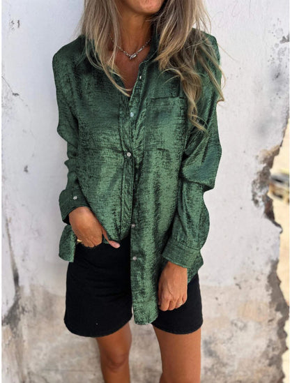 Women's Metallic Suede Button Down Shirt Long Sleeve Tunic