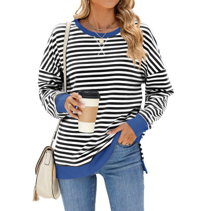 Oversized Striped Sweatshirt Contrast Trim Side Slit Top