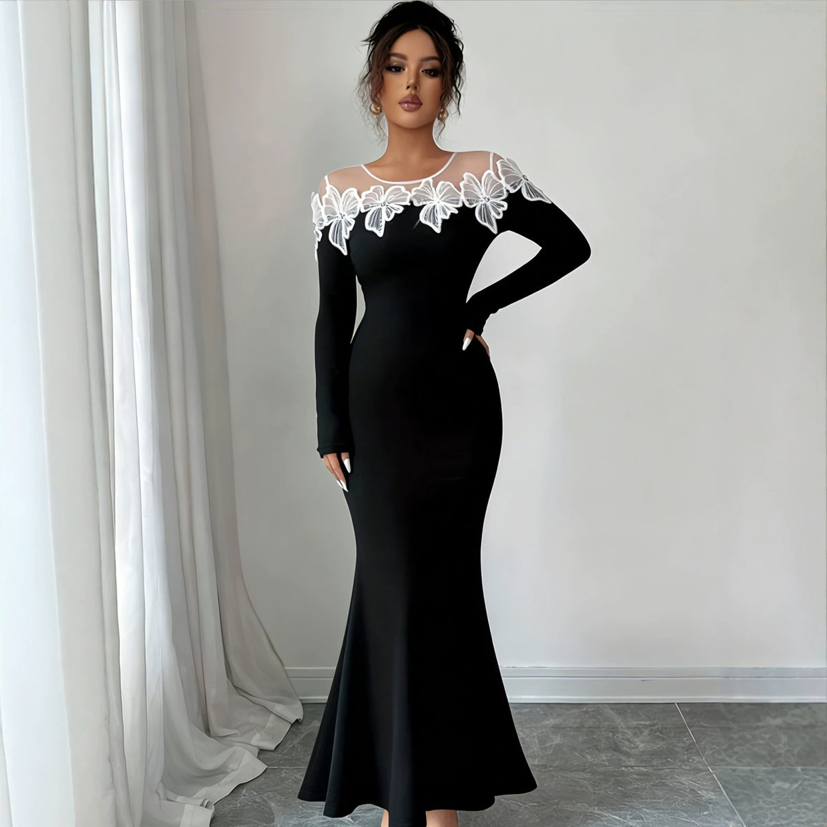 Black Butterfly Mesh Long Sleeve Mermaid Maxi Dress