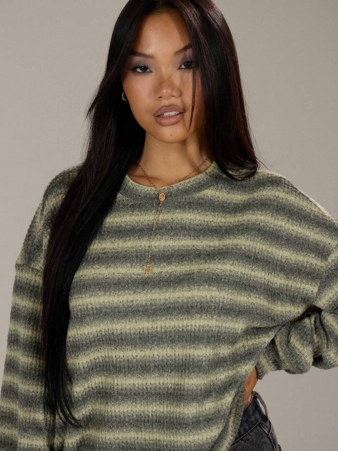 Oversized Striped Crewneck Sweater Casual Drop Shoulder Top