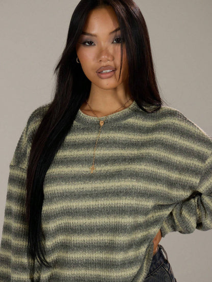 Oversized Striped Crewneck Sweater Casual Drop Shoulder Top