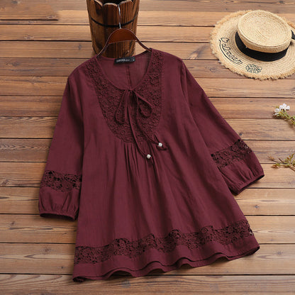 Women's Crochet Lace Peasant Blouse Cotton Linen 3/4 Sleeve