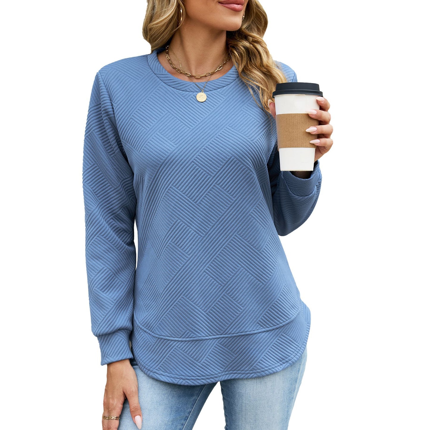 Quilted Textured Sweatshirt Crew Neck Loose Top