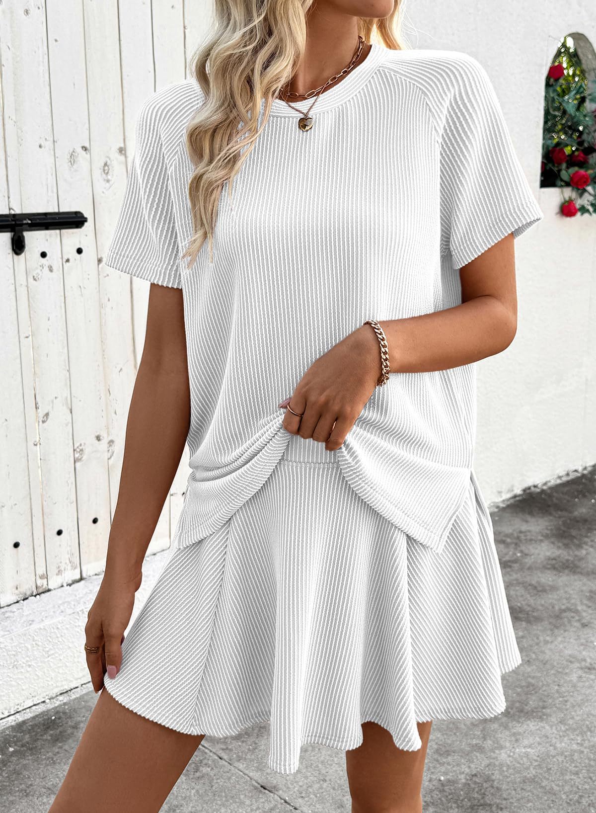 Ribbed Knit Skort Set Short Sleeve Top 2 Piece Outfit