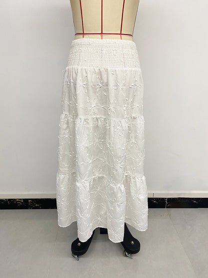 White Boho Maxi Skirt High Slit Embroidered Flowy Summer Vacation