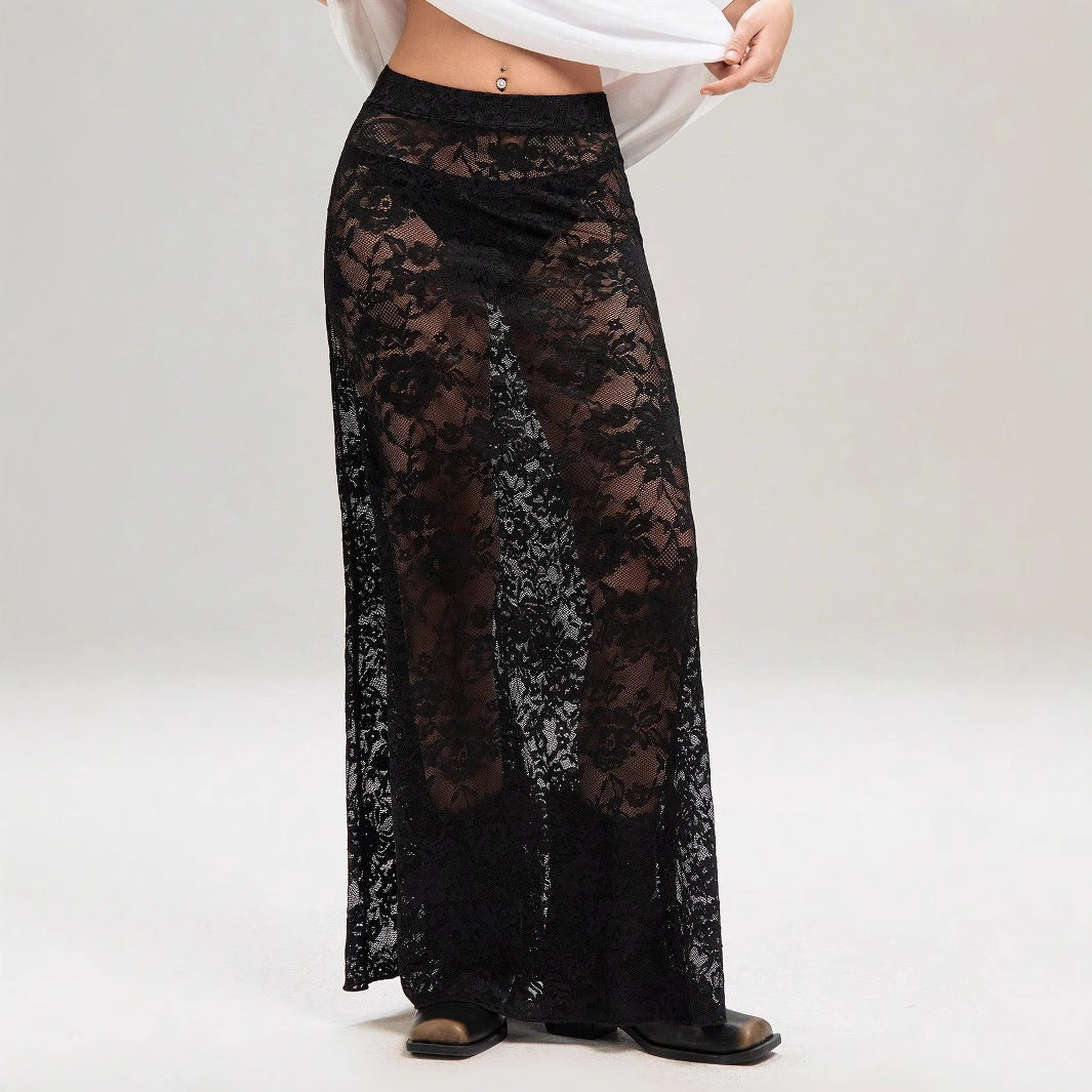 Black Lace High Waist Skirt A-Line Streetwear Trendy Women