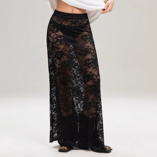 Black Lace High Waist Skirt A-Line Streetwear Trendy Women