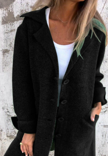 Women Long Wool Coat Lapel Button Front Jacket Pockets