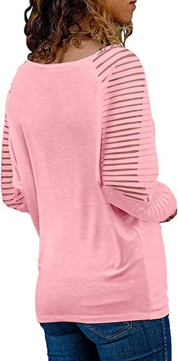 Striped Sleeve V Neck Cotton Long Sleeve Top