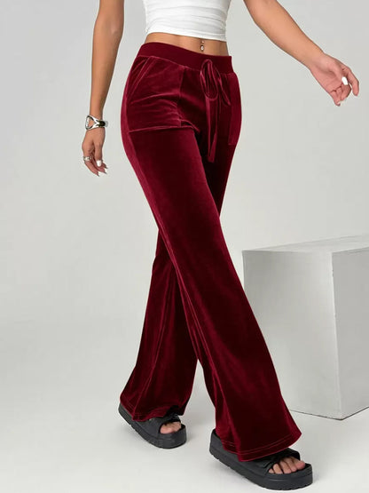 Velvet Drawstring Flare Pants with Pockets