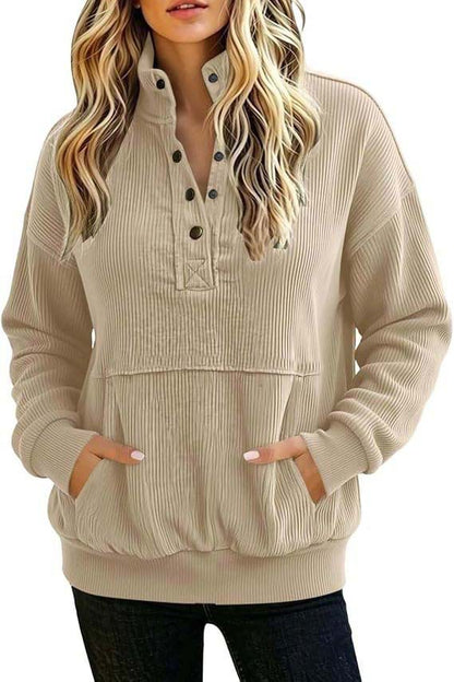 Corduroy Henley Sweatshirt Women Long Sleeve Button Pocket