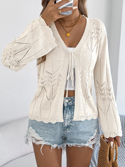 Crochet Knit Tie Front Cardigan Bell Sleeve Top