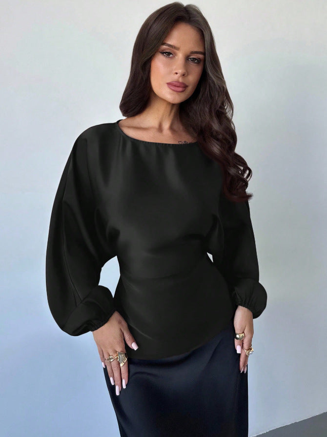 Satin Batwing Blouse Round Neck Tie Waist Top