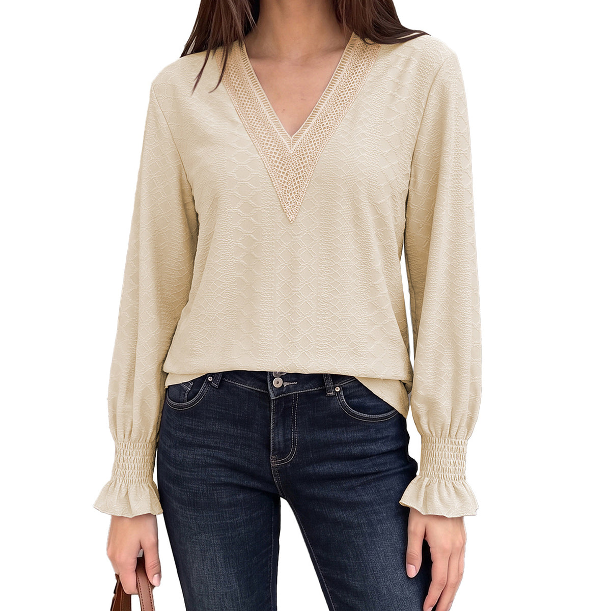 Women's V-Neck Lace Trim Blouse Long Sleeve Smocked Cuffs