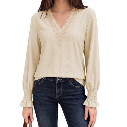 Women's V-Neck Lace Trim Blouse Long Sleeve Smocked Cuffs